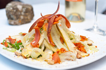 celery, pear and bottarga salad, italian food Cagliari, Sardinia, Italy, Europe