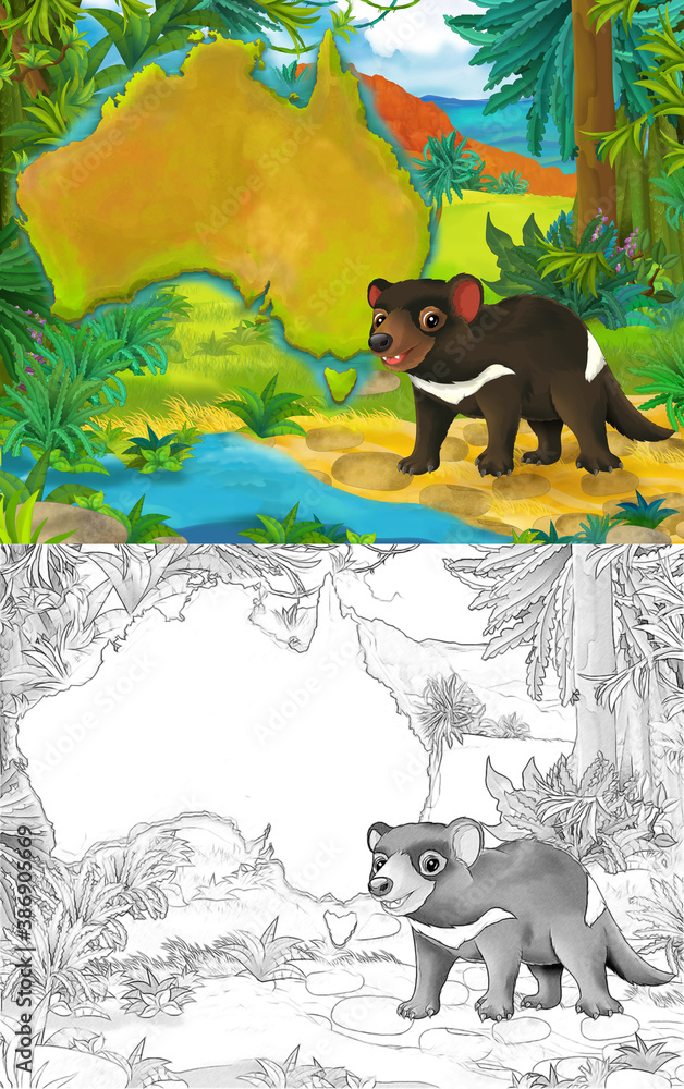 Cartoon scene with sketch tasmanian devil with continent map ...