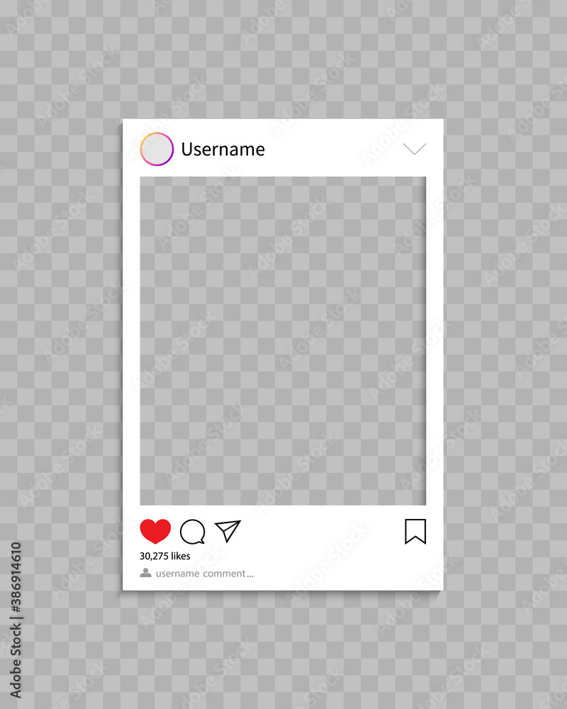 Frame for social post. Frame for photo in social media.Template of profile, post and message with interface, comment and like. Mockup and icon for phone and app. Social network concept. Vector - obrazy, fototapety, plakaty 