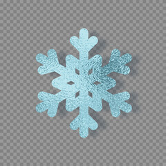 Wall Mural - Blue silver frozen foil snowflake. Turquoise sparkle glossy texture decor isolated on transparent background. Vector shiny metallic pattern for Christmas, New Year card design