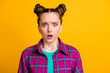 © deagreez - Close-up portrait of her she nice attractive pretty worried confused girl wearing checked shirt bad news reaction isolated over bright vivid shine vibrant yellow color background