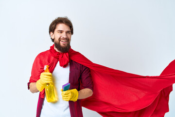 Man with detergent red raincoat professional work