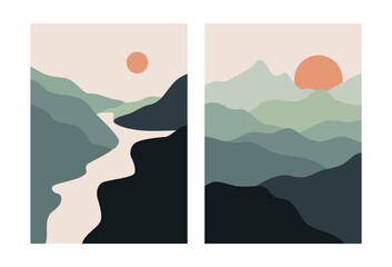 Wall Mural - abstract landscape art posters. minimal contemporary mountains wallpapers for decoration boho style.