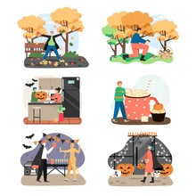 Autumn Season Holidays And Outdoor Activities Concepts. Vector Illustration Set Of Halloween Party, Marshmallow Drink Cup, Autumn Activities