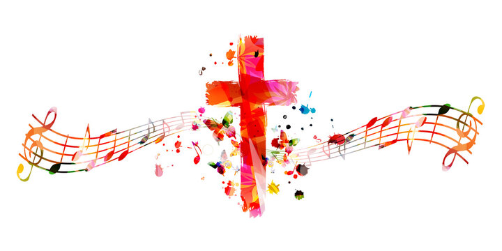 colorful christian cross with music notes isolated vector illustration. religion themed background. 