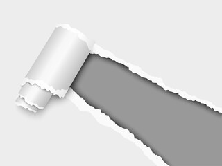 Wall Mural - Torn, snatched window placed diagonally from lower right corner in white paper with paper curl. Dark gray background of the resulting hole. Vector template paper design.