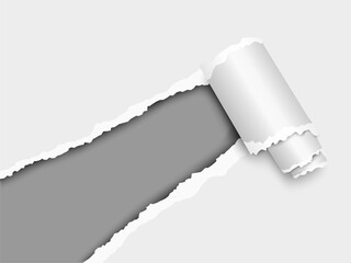 Wall Mural - Torn, snatched window placed diagonally from lower left corner in white paper with paper curl. Dark gray background of the resulting hole. Vector template paper design.