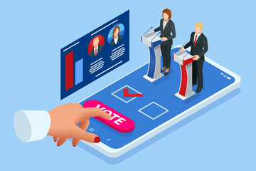 Isometric Online Voting and Election Concept. E-voting, Election Internet System. Smartphone with Vote on Screen.