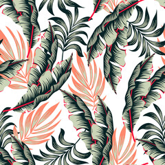  Original seamless tropical pattern with bright plants and leaves on a light background. Exotic tropics. Summer. Vector design. Jungle print. Floral background. 