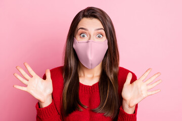 Poster - Photo portrait of shocked surprised girl wearing pink fabric face mask isolated on pink color background