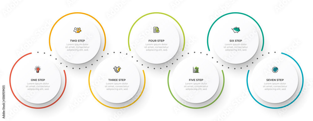Timeline infographic design vector with icon and 7 options. Can be used for workflow diagram, info chart, annual report. - obrazy, fototapety, plakaty 