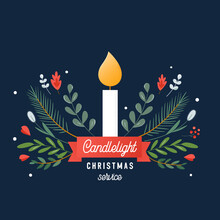 Candle And Ornaments Christmas Eve Candlelight Service Invitation. Vector Design