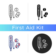 Sticker - Fever reducer pills icon. Drugs for flu treatment. Remedy for temperature. Termometer with dropping heat. Medication for influenza. Linear black and RGB color styles. Isolated vector illustrations