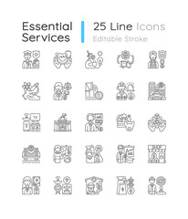 Sticker - Essential services linear icons set. Key industries. Healthcare. Electricity. Water supply. Firefighting. Customizable thin line contour symbols. Isolated vector outline illustrations. Editable stroke