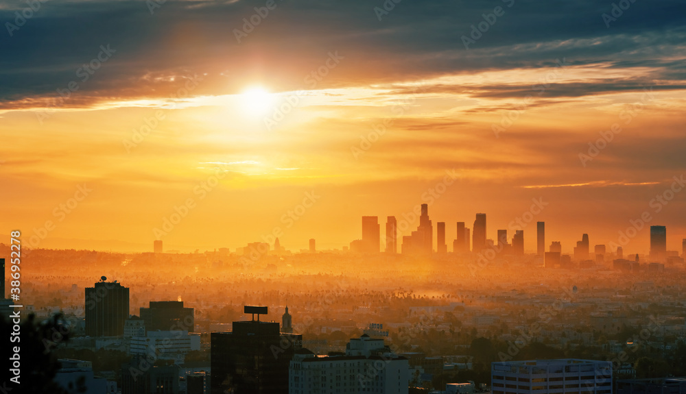 City of Los Angeles skyline at sunrise, scenic cityscape view from Hollywood Hills. - obrazy, fototapety, plakaty 