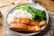 © ahirao - salmon teriyaki with rice and boiled broccolini