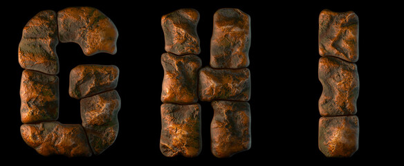 Set of rocky letters G, H, I. Font of stone on black background. 3d