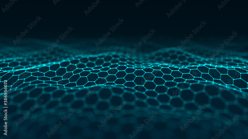 Abstract hexagon wave with moving dots. Flow of particles. Cyber ...