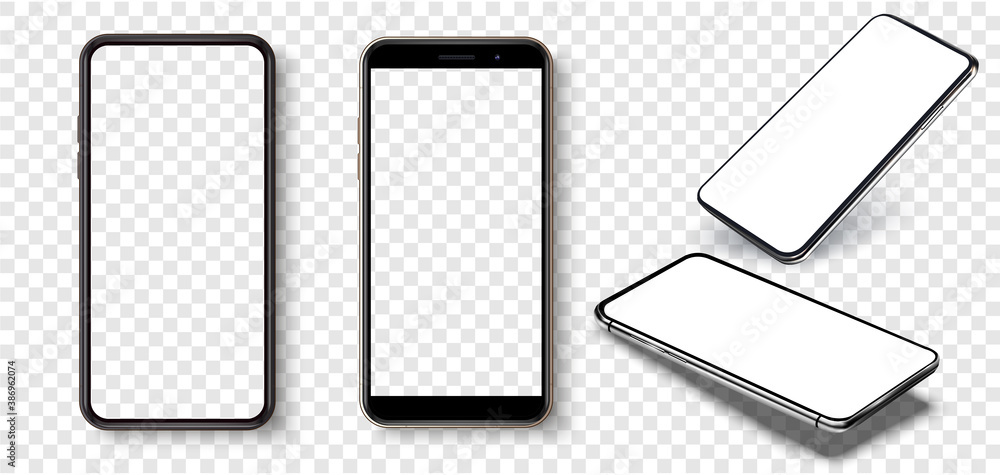 Smartphone frame less blank screen, rotated position. Smartphone from different angles. Mockup generic device. UI/UX smartphones set. Template for infographics or presentation 3D realistic phones. - obrazy, fototapety, plakaty 