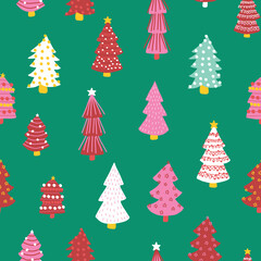 Sticker - Christmas doodle trees vector background. Seamless pattern hand drawn trees. Decorative holiday background. Winter design pink white red green for fabric, gift wrap, card decoration, scrapbooking