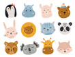 Set of cute stickers with animals head and face. Vector hand drawn illustration.