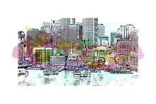 Building View With Landmark Of Boston Is The Capital And Most Populous City Of United States. Watercolor Splash With Hand Drawn Sketch Illustration In Vector.