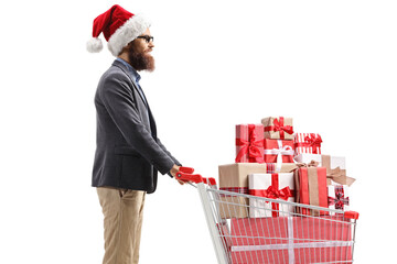 Sticker - Man with a santa claus hat pushing a shopping cart full of presents