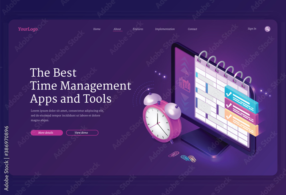 Time Management Computer Screen Time management apps and tools isometric landing page, computer desktop ...