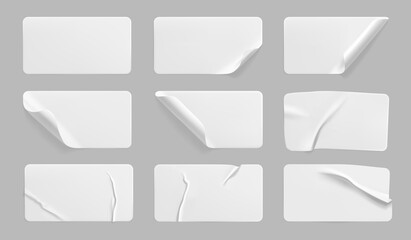 white glued crumpled stickers with curled corners mock up set. blank white adhesive paper or plastic