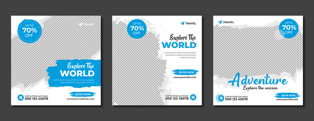 set of travel sale social media post template. web banner, flyer or poster for travelling agency bus