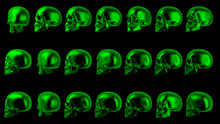 Green Human Skulls Halloween Background. 3d Illustration With Glow Neon Skull