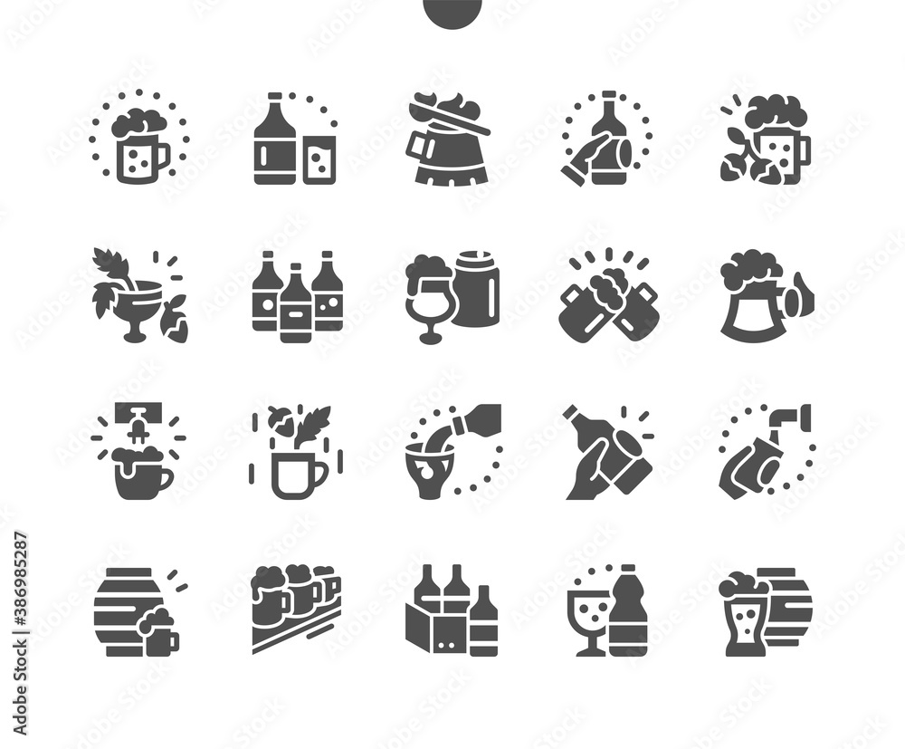 Craft beer. Pub food. Delicious beer snack. Glass of beer on the bar. Barrel of beer. Menu for restaurant and cafe. Vector Solid Icons. Simple Pictogram - obrazy, fototapety, plakaty 