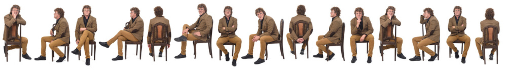 large group of same middle aged man with blazer and various poses sitting on a chair on white backgr