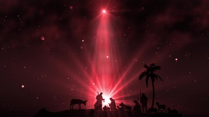 Poster - Christmas Scene with twinkling stars and brighter star of Bethlehem with sparkling nativity characters. Seamless Loop with Nativity Christmas story with twinkling stars and moving wispy clouds. 4k