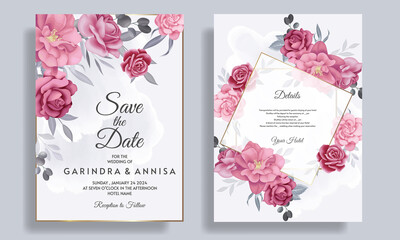  Elegant wedding invitation card with beautiful floral and leaves template Premium Vector