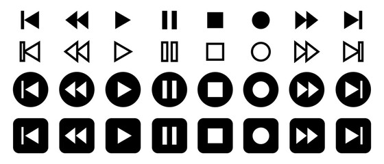 Set of video or music interface player icon buttons. Media player vector icons. Stop, play, record web buttons isolated on white background. Vector Illustration.