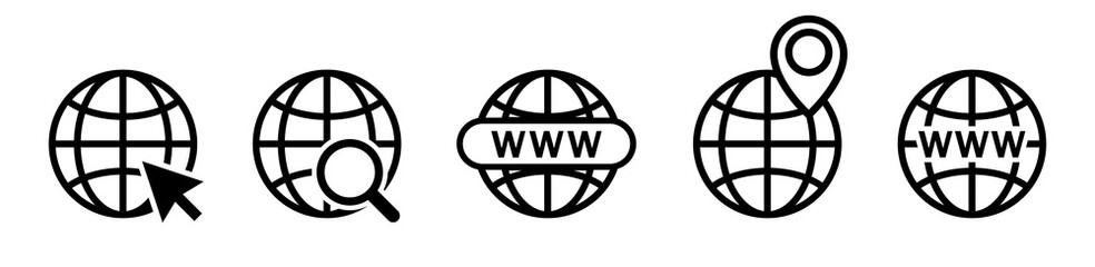 Wall Mural - set of global search web icons. world wide concept globe internet icons with cursor or mouse pointe,