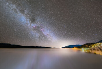 Stunning star filled night with the full milky way, galaxy in frame with reflection in lake and mountains, calm water and starry, dark, night. 