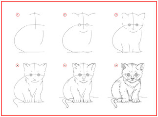 Wall Mural - page shows how to learn to draw sketch of cute little kitten. creation step by step pencil drawing. 