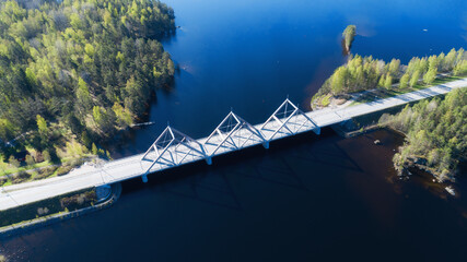 Wall Mural - Aerial view on the bridge over the lake and trees in the forest on the shore. Blue lakes and green forests from above on a sunny summer day.