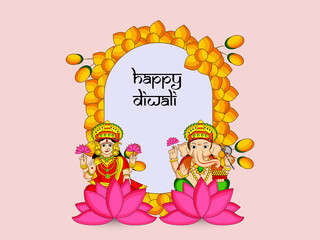 illustration of elements of hindu festival Diwali background. illustration of Hindu god Laxmi and Ganesh with Happy Diwali text on the occasion of Hindu festival Diwali celebrated in India
