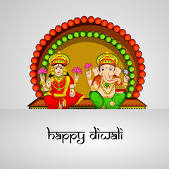 Poster - illustration of elements of hindu festival Diwali background. illustration of Hindu god Laxmi and Ganesh with Happy Diwali text on the occasion of Hindu festival Diwali celebrated in India
