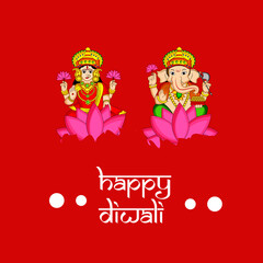 Poster - illustration of elements of hindu festival Diwali background. illustration of Hindu god Laxmi and Ganesh with Happy Diwali text on the occasion of Hindu festival Diwali celebrated in India
