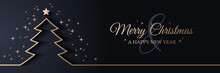 Merry Christmas Card Banner With Christmas Tree Golden Line Art Illustration