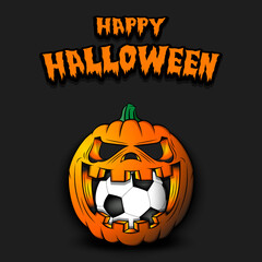 Happy Halloween. Soccer ball inside frightening pumpkin. The pumpkin swallowed the ball with burning eyes. Design template for banner, poster, greeting card, party invitation. Vector illustration