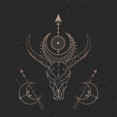 Wall Mural - Vector illustration with hand drawn Wild buffalo skull and Sacred geometric symbol on black vintage background. Abstract mystic sign.