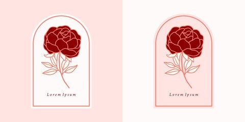 Hand drawn vintage botanical rose flower logo and pink beauty brand element