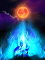 Wall Mural - The background of blue fire and creepy moon in the night