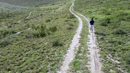 Poster - Rear view of young boy running through trail in nature