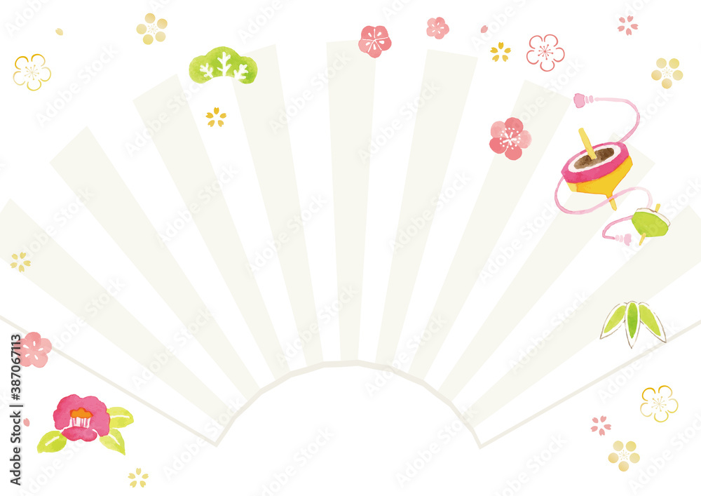 お正月背景 扇子とお正月水彩イラスト Wall Mural Wallpaper Murals Perori お正月背景 扇子とお正月水彩イラスト Wall Mural Wallpaper Murals Perori